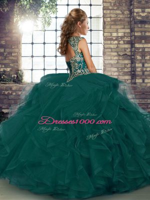 Sleeveless Tulle Floor Length Lace Up Vestidos de Quinceanera in Purple with Beading and Ruffles