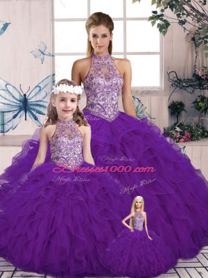 Sleeveless Floor Length Beading and Ruffles Lace Up 15th Birthday Dress with Purple
