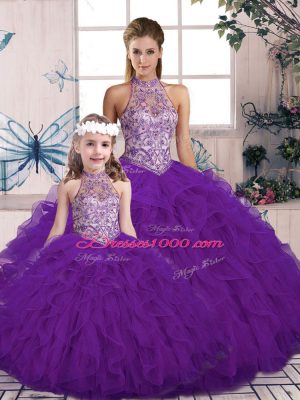 Sleeveless Floor Length Beading and Ruffles Lace Up 15th Birthday Dress with Purple