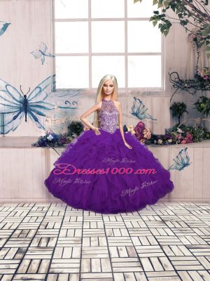 Sleeveless Floor Length Beading and Ruffles Lace Up 15th Birthday Dress with Purple