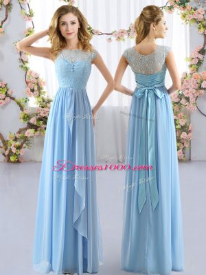 Superior Light Blue Cap Sleeves Chiffon Side Zipper Bridesmaid Gown for Wedding Party