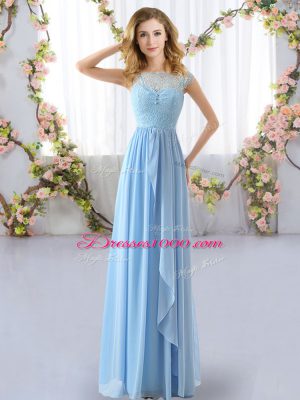 Superior Light Blue Cap Sleeves Chiffon Side Zipper Bridesmaid Gown for Wedding Party