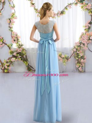 Superior Light Blue Cap Sleeves Chiffon Side Zipper Bridesmaid Gown for Wedding Party