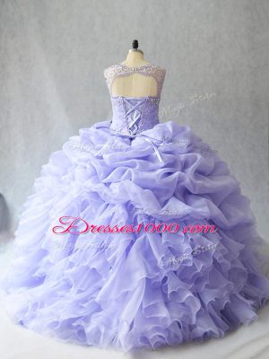 Popular Sleeveless Brush Train Beading and Ruffles and Pick Ups Lace Up Quinceanera Dress