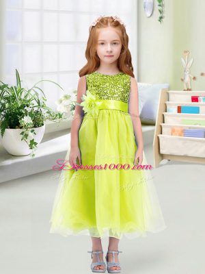 Hot Selling Yellow Green Empire Organza Scoop Sleeveless Sequins and Hand Made Flower Tea Length Zipper Toddler Flower Girl Dress