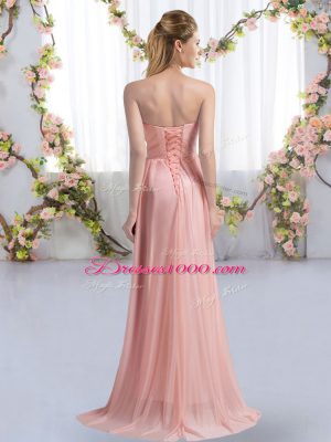 Trendy Strapless Sleeveless Chiffon Dama Dress for Quinceanera Beading Sweep Train Lace Up