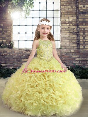 Super Floor Length Yellow Green Little Girl Pageant Dress Scoop Sleeveless Lace Up