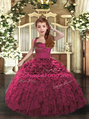 Fuchsia Ball Gowns Straps Sleeveless Organza Floor Length Lace Up Ruffles Pageant Dress for Teens