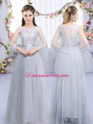 Dazzling Tulle Sleeveless Floor Length Bridesmaid Dress and Lace and Belt