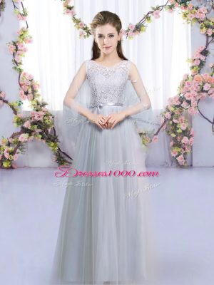 Dazzling Tulle Sleeveless Floor Length Bridesmaid Dress and Lace and Belt