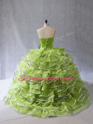 Yellow Green Sweetheart Neckline Appliques and Ruffles Quince Ball Gowns Sleeveless Lace Up