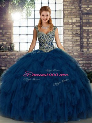 Nice Blue 15 Quinceanera Dress Military Ball and Sweet 16 and Quinceanera with Beading and Ruffles Straps Sleeveless Lace Up