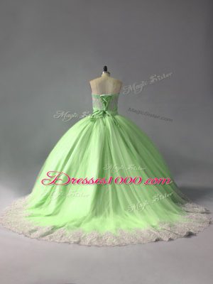 Suitable Sweetheart Sleeveless Court Train Lace Up Ball Gown Prom Dress Yellow Green Tulle