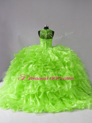 Halter Top Zipper Beading and Ruffles 15 Quinceanera Dress Brush Train Sleeveless