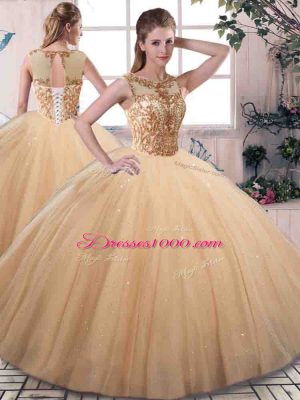 Flirting Gold Sleeveless Tulle Lace Up Quinceanera Gown for Military Ball and Sweet 16 and Quinceanera