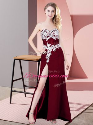 Floor Length Zipper Prom Dresses Burgundy for Prom and Party and Military Ball with Lace and Appliques