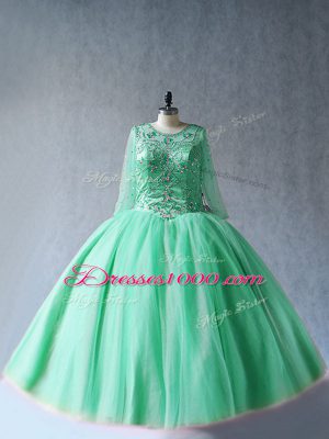 High Class Apple Green Lace Up Ball Gown Prom Dress Beading Long Sleeves Floor Length