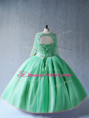 High Class Apple Green Lace Up Ball Gown Prom Dress Beading Long Sleeves Floor Length