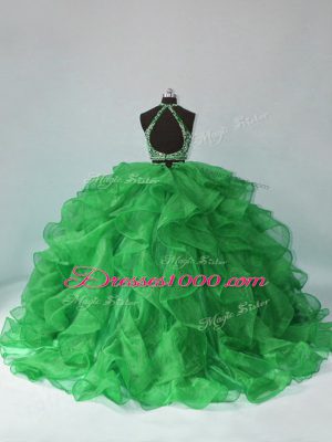 Green Two Pieces Beading and Ruffles Sweet 16 Dresses Backless Organza Sleeveless Floor Length