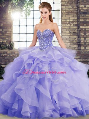 High Quality Lavender Quinceanera Dress Military Ball and Sweet 16 and Quinceanera with Beading and Ruffles Sweetheart Sleeveless Brush Train Lace Up