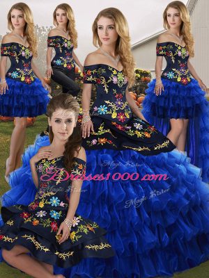 Modest Blue And Black Sleeveless Floor Length Embroidery and Ruffled Layers Lace Up Quinceanera Gowns