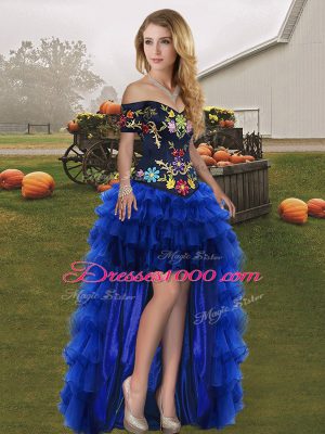 Modest Blue And Black Sleeveless Floor Length Embroidery and Ruffled Layers Lace Up Quinceanera Gowns