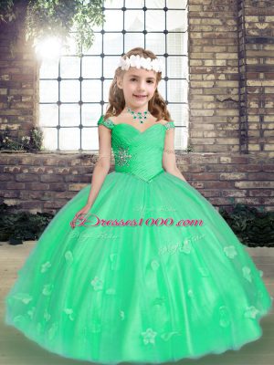 Green Straps Lace Up Beading and Hand Made Flower Little Girl Pageant Dress Sleeveless
