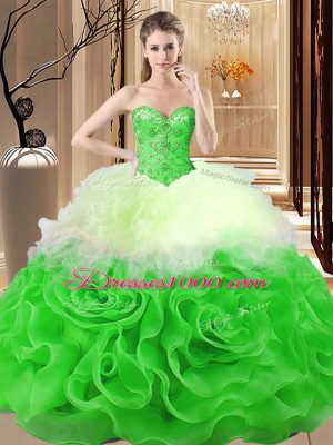 Sleeveless Floor Length Beading and Ruffles Lace Up Quinceanera Gowns with Multi-color