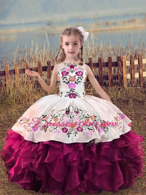Most Popular Sleeveless Embroidery and Ruffles Lace Up Kids Pageant Dress