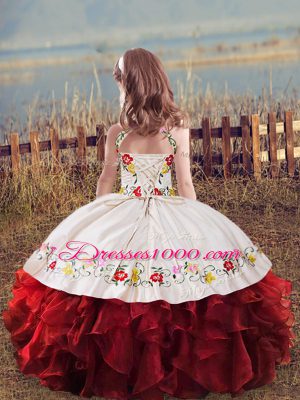 Most Popular Sleeveless Embroidery and Ruffles Lace Up Kids Pageant Dress