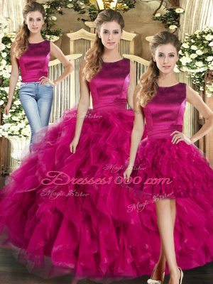 Floor Length Lace Up Quinceanera Dress Fuchsia for Military Ball and Sweet 16 and Quinceanera with Ruffles