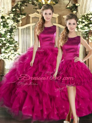 Floor Length Lace Up Quinceanera Dress Fuchsia for Military Ball and Sweet 16 and Quinceanera with Ruffles