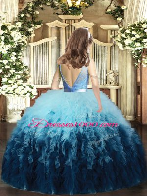 Customized Multi-color Ball Gowns Scoop Sleeveless Tulle Floor Length Backless Lace and Ruffles Kids Formal Wear