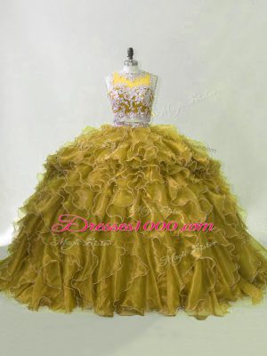 Edgy Zipper Quinceanera Dress Olive Green for Sweet 16 and Quinceanera with Beading and Ruffles Brush Train