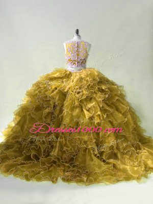 Edgy Zipper Quinceanera Dress Olive Green for Sweet 16 and Quinceanera with Beading and Ruffles Brush Train
