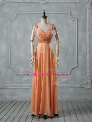 Orange Criss Cross Evening Outfits Beading and Ruching Sleeveless Floor Length