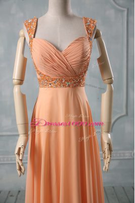 Orange Criss Cross Evening Outfits Beading and Ruching Sleeveless Floor Length