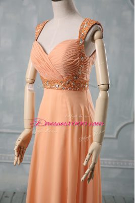 Orange Criss Cross Evening Outfits Beading and Ruching Sleeveless Floor Length