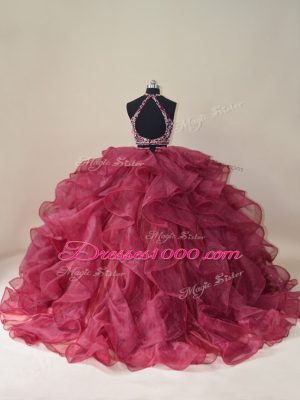 Halter Top Sleeveless Brush Train Backless Quinceanera Gown Burgundy Organza