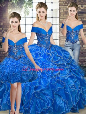 Sleeveless Organza Floor Length Lace Up 15 Quinceanera Dress in Royal Blue with Beading and Ruffles