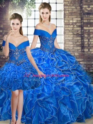 Sleeveless Organza Floor Length Lace Up 15 Quinceanera Dress in Royal Blue with Beading and Ruffles