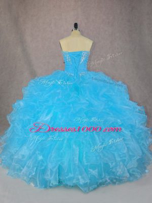 Excellent Floor Length Blue Quinceanera Dress Organza Sleeveless Beading and Ruffles