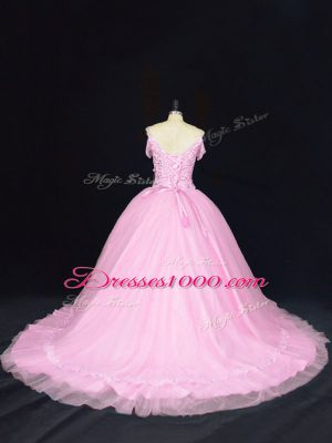 Fitting Baby Pink 15 Quinceanera Dress Tulle Court Train Sleeveless Beading