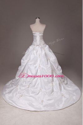 Inexpensive Brush Train Ball Gowns Wedding Gown White Strapless Taffeta Sleeveless Lace Up