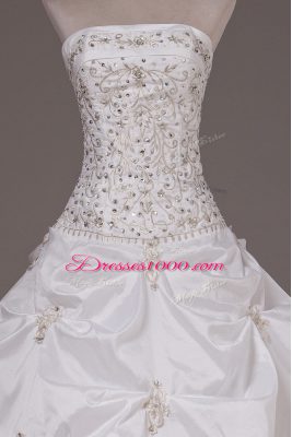 Inexpensive Brush Train Ball Gowns Wedding Gown White Strapless Taffeta Sleeveless Lace Up