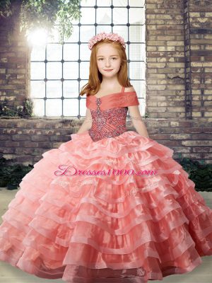 Sleeveless Beading and Ruffled Layers Lace Up Kids Pageant Dress with Watermelon Red Brush Train