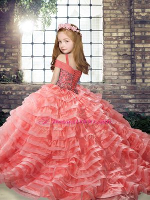 Sleeveless Beading and Ruffled Layers Lace Up Kids Pageant Dress with Watermelon Red Brush Train