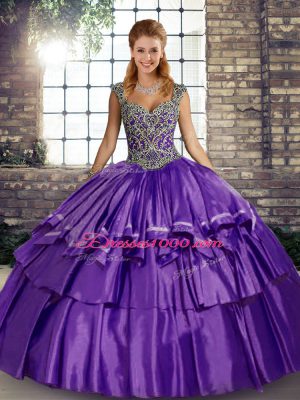 Ball Gowns Sweet 16 Quinceanera Dress Purple Straps Taffeta Sleeveless Floor Length Lace Up