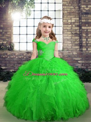 Simple Floor Length Green Little Girls Pageant Dress Tulle Sleeveless Beading and Ruffles