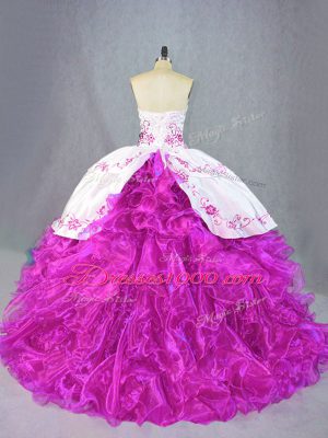 Fuchsia Organza Lace Up Quinceanera Gown Sleeveless Brush Train Beading and Embroidery and Ruffles